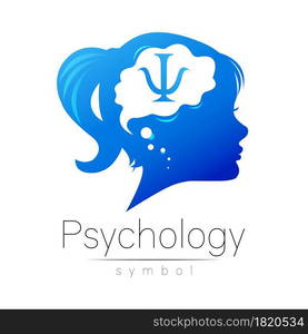 Modern logo Kid Girl head and letter Psi inside brain . Logotype sign of Psychology. Profile Human. Blue color isolated on white. Creative style. Symbol in vector. Design concept. Modern logo Kid Girl head and letter Psi inside brain . Logotype sign of Psychology. Profile Human. Blue color isolated on white. Creative style. Symbol in vector. Design concept.