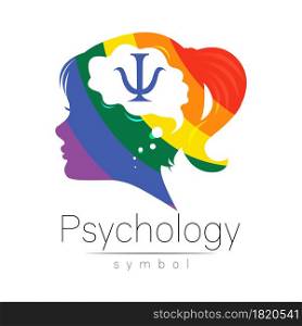 Modern logo Kid Girl head and letter Psi inside brain . Logotype sign of Psychology. Profile Human. Rainbow color isolated on white. Creative style. Symbol in vector. Design concept. Modern logo Kid Girl head and letter Psi inside brain . Logotype sign of Psychology. Profile Human. Rainbow color isolated on white. Creative style. Symbol in vector. Design concept.