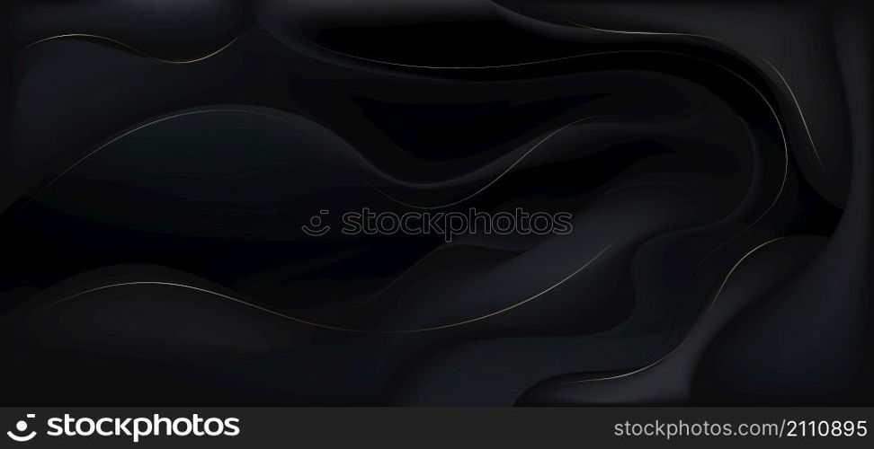 Modern luxury abstract 3D elegant black gradient wave shape layered background and texture with golden wavy lines decoration. Vector illustration