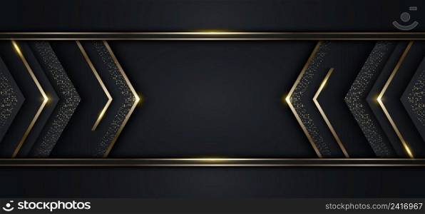 Modern luxury banner template design black arrow triangles and golden glitter 3D gold stripes line light sparking on dark background. Vector graphic illustration