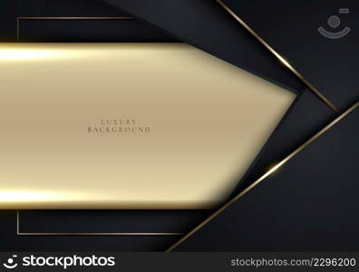 Modern luxury banner template design black triangles and 3D golden stripes frame line light sparking on dark background. Vector graphic illustration