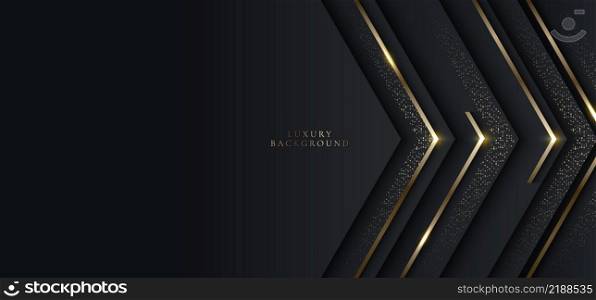 Modern luxury banner template design black triangles and golden glitter 3D gold stripes line light sparking on dark background. Vector graphic illustration