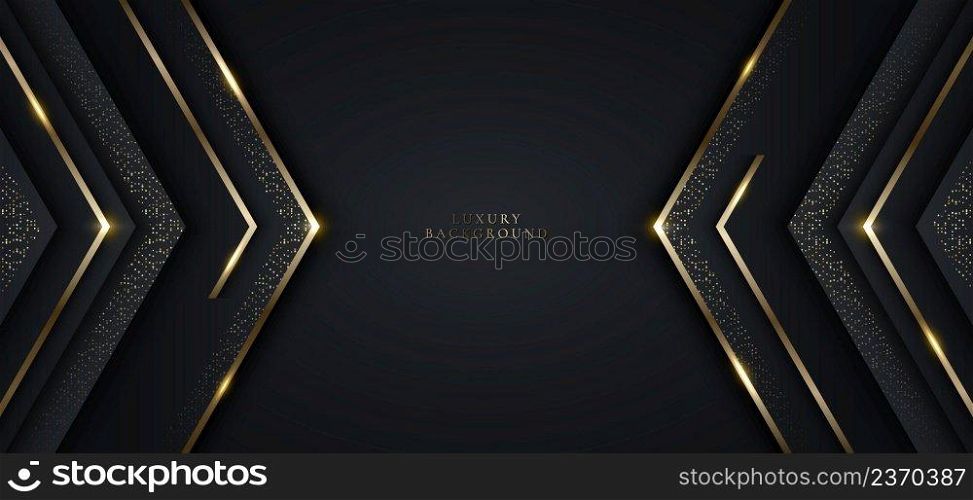 Modern luxury banner template design black triangles and golden glitter 3D gold stripes line light sparking on dark background. Vector graphic illustration