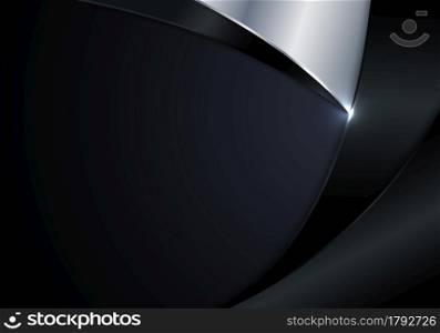 Modern luxury template abstract black and silver metallic curve shape with lighting on dark blue background. Vector illustration