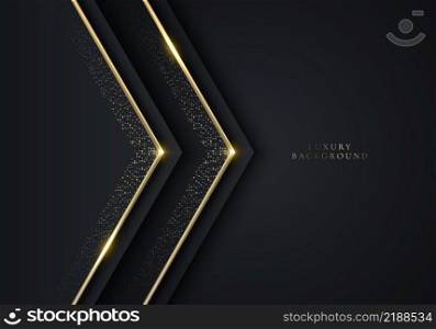 Modern luxury template design black triangles and golden glitter 3D gold stripes line light sparking on dark background. Vector graphic illustration