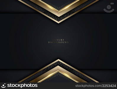 Modern luxury template design black triangles and golden glitter 3D gold stripes line light sparking on dark background. Vector graphic illustration