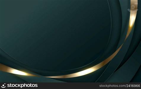 Modern luxury template design green curved shapes with golden ribbon line and lighting on dark green background. Vector graphic illustration