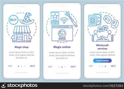 Modern magic onboarding mobile app page screen vector template. Witchcraft services walkthrough website steps with linear illustrations. Fortune telling UX, UI, GUI smartphone interface concept