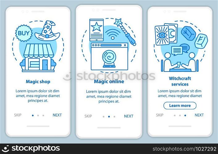 Modern magic onboarding mobile app page screen with linear concepts. Witchcraft services walkthrough steps graphic instructions. Fortune telling UX, UI, GUI vector template with illustrations