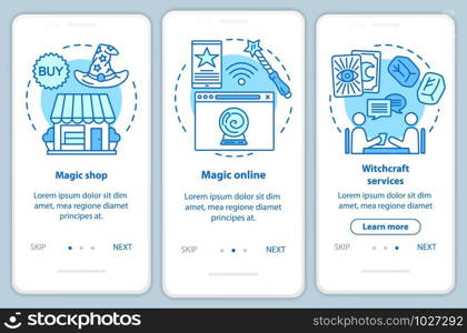 Modern magic onboarding mobile app page screen with linear concepts. Witchcraft services walkthrough steps graphic instructions. Fortune telling UX, UI, GUI vector template with illustrations