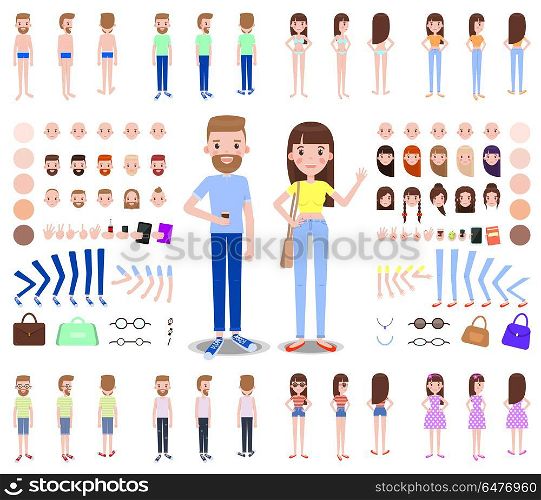 Modern Male and Female Characters Constructors. Male and female characters constructors that include spare body parts, modern clothes and accessories vector illustrations on white background.