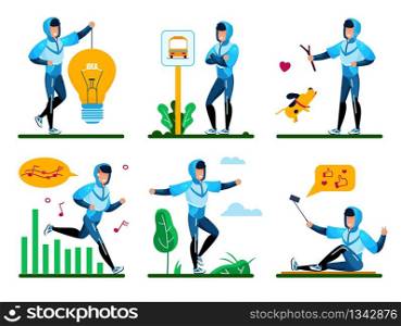 Modern Man Happy Social Life and Active Lifestyle Trendy Flat Vector Concepts Set. Guy Waiting Transport on Bus Stop, Playing with Dog, Listening Music, Jogging Outdoors, Shooting Selfie Illustrations