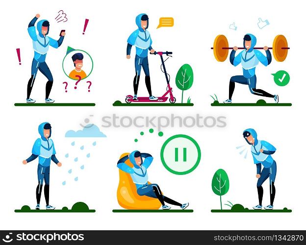 Modern Man, Male Teenager Daily Routine Situations and Activities Trendy Flat Vectors Set. Guy Arguing on Cellphone, Riding Electric Scooter, Having Workout, Resting and Relaxing at Home Illustrations