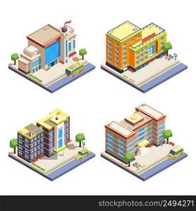 Modern many-storeyed school buildings with cars bicycles and school bus isometric icons set on white background isolated vector illustration. School Buildings Isometric Icons Set