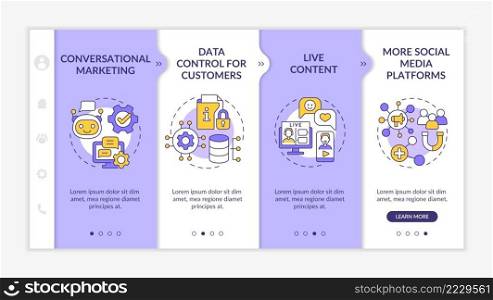 Modern marketing trends purple and white onboarding template. Responsive mobile website with linear concept icons. Web page walkthrough 4 step screens. Lato-Bold, Regular fonts used. Modern marketing trends purple and white onboarding template