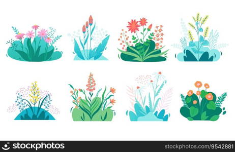 Modern meadow flower. Exotic botanical floral elements, flower bouquet with leaves and blossoms, nature green decor. Vector isolated set. Beautiful wildflowers bloom with greenery and grass. Modern meadow flower. Exotic botanical floral elements, flower bouquet with leaves and blossoms, nature green decor. Vector isolated set