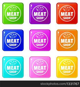 Modern meat shop icons set 9 color collection isolated on white for any design. Modern meat shop icons set 9 color collection