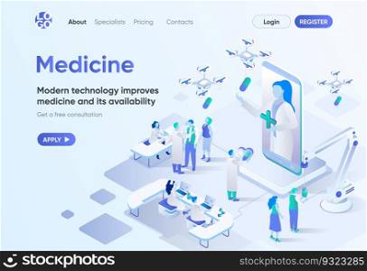 Modern medicine isometric landing page. Digital technologies in medical diagnosis and treatment. Online doctor consultation template for CMS and website builder. Isometry scene with people characters.