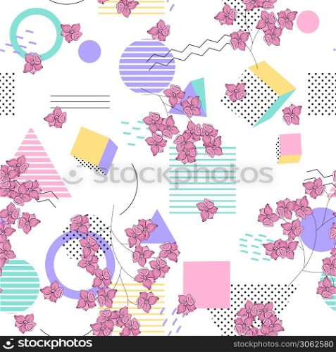Modern memphis pattern with hand drawn wild flowers. Geometric seamless print polka dots design for fashion, cards, fabric. Vector illustration