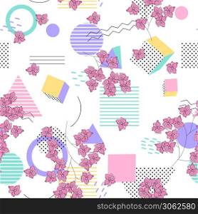 Modern memphis pattern with hand drawn wild flowers. Geometric seamless print polka dots design for fashion, cards, fabric. Vector illustration