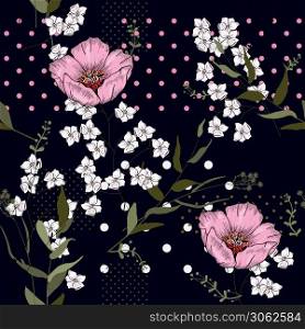 Modern memphis pattern with hand drawn wild flowers. Geometric seamless print polka dots design vector illustration