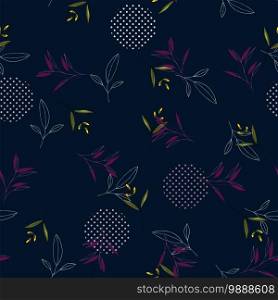 Modern memphis pattern with hand drawn wild pink flowers and green leaves on dark blue background. Geometric seamless print polka dots design vector illustration