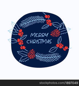 Modern merry christmas shape element with winter plants for greeting card or christmas celebration banner