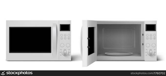 Modern microwave oven with open and closed door. Kitchen electric appliance for cooking and defrost food. Vector realistic 3d empty white microwave oven with display, buttons and glass plate. Modern microwave oven with open and closed door