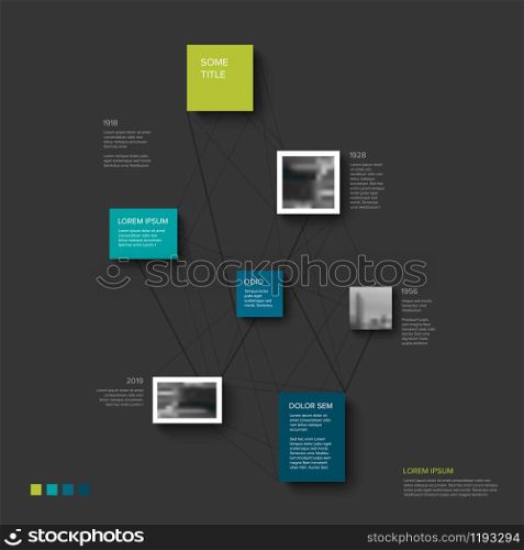 Modern minimalistic Infographic timeline report template with photos and connection lines - dark version. Modern Infographic timeline report template - dark version