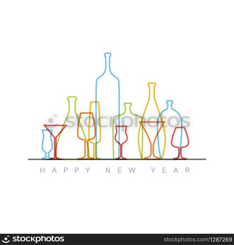 Modern minimalistic New Year card with bottles and glasses