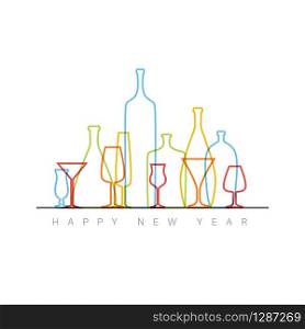 Modern minimalistic New Year card with bottles and glasses