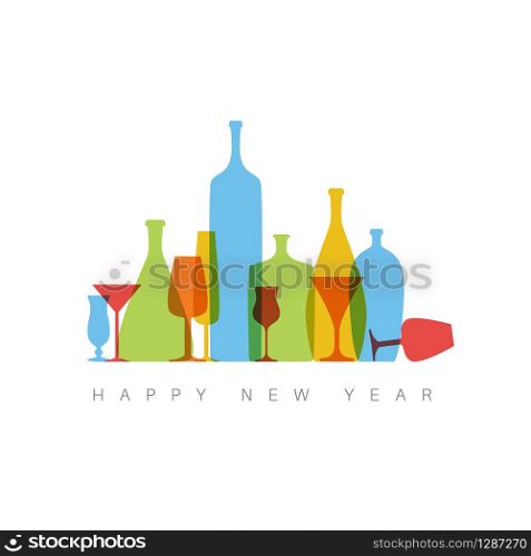 Modern minimalistic New Year card with bottles and glasses. New Year card with bottles and glasses