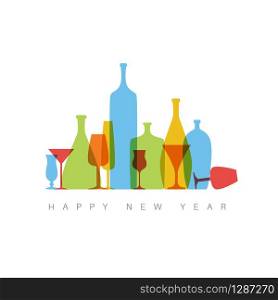Modern minimalistic New Year card with bottles and glasses. New Year card with bottles and glasses