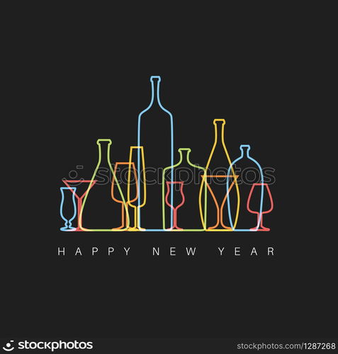 Modern minimalistic New Year card with bottles and glasses - dark version. New Year card with bottles and glasses