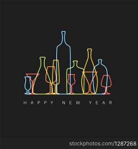 Modern minimalistic New Year card with bottles and glasses - dark version. New Year card with bottles and glasses