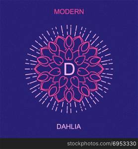 Modern minimalistic picture a dahlia. Stylized sign design for logo, sign boards, frames, packaging and other decoration. Trendy art deco elegant element. Vector mono line style illustration