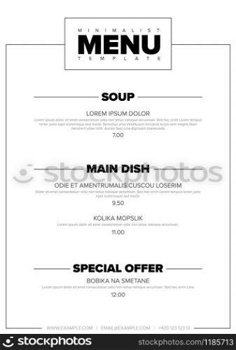 Modern minimalistic restaurant menu template design layout with nice typography
