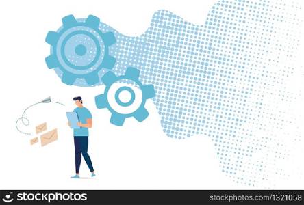 Modern Mobile Messenger or Mailing or Chat Service for Business Teams Collaboration, Distant Work Optimizing Flat Vector Concept with Man Using Tablet Messaging, Communicating Online Illustration