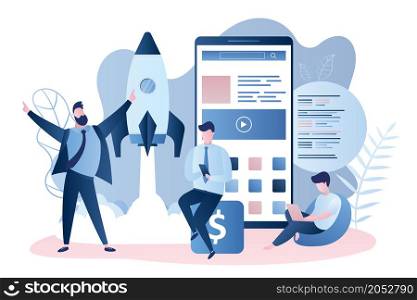 Modern mobile startup,happy successful businessmen and male programmer,application development,spaceship takeoff,smartphone with new application,trendy style vector illustration