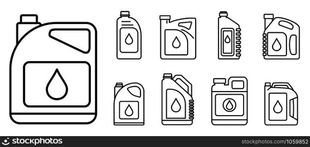 Modern motor oil icons set. Outline set of modern motor oil vector icons for web design isolated on white background. Modern motor oil icons set, outline style