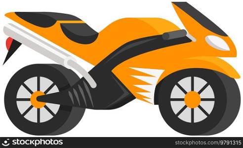 Modern motorcycle, vector illustration urban life, ride motorbike in city. Fast for food delivery. Petrol or electric motorcycle design. Light motorcycle transportation. Two-wheeled vehicle one-seater. Modern motorcycle, vector illustration, urban life, ride motorbike in city fast delivery service