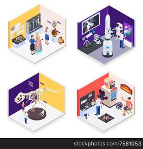 Modern museum 4 isometric compositions with prehistoric times dinosaur space mission retro cinema exhibits isolated vector illustration