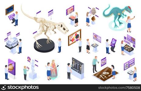 Modern museum exhibit interactive digital content isometric icons set with dinosaur skeleton virtual reality images vector illustration