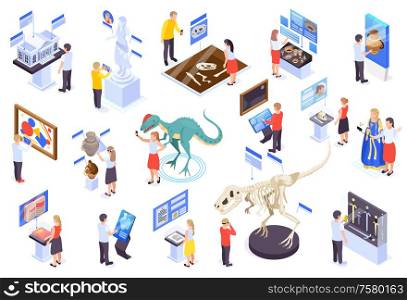 Modern museum technology isometric set with virtual reality interactive exhibits reconstruction dinosaurs amphora info displays vector illustration