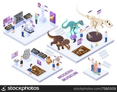 Modern natural history museum halls isometric set with fossils jars dinosaurs interactive exhibits visitors experience vector illustration