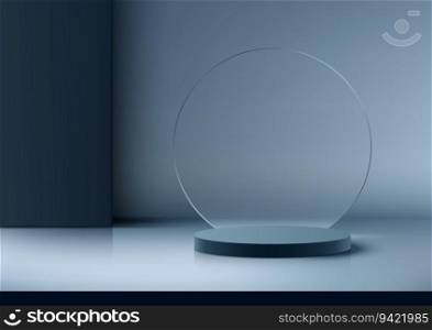 Modern of design with this 3D realistic blue color podium and circle glass backdrop. This interior concept mockup, vector illustration, offers a contemporary and elegant touch. Ideal for presentations, exhibitions, and marketing campaigns.