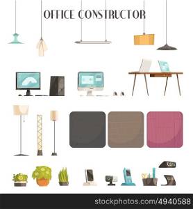 Modern Office Accessories Cartoon Icons Set . Modern office interior space design planning cartoon icons set with colors and accessories samples abstract vector illustration