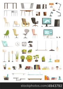 Modern Office Accessories Cartoon Set . Modern office furniture organizers and accessories top design trends cartoon stile icons objects collection isolated vector illustration
