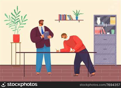 Modern office, cabinet, signing agreement. Bearded man in glasses, formal suit stands with clipboard and pen. Young man in sweater leaned over table and signs document. Desktop, business meeting. Business partners sign contract. Man with clipboard, young male with pen leaned over table