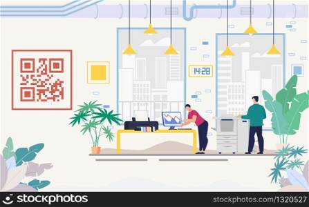 Modern Office Equipment Flat Vector Concept with Company Employees Using Computer, Printing, Copying Documents with Statistics Data of Infographics, Interacting with Electronics at WorkIllustration